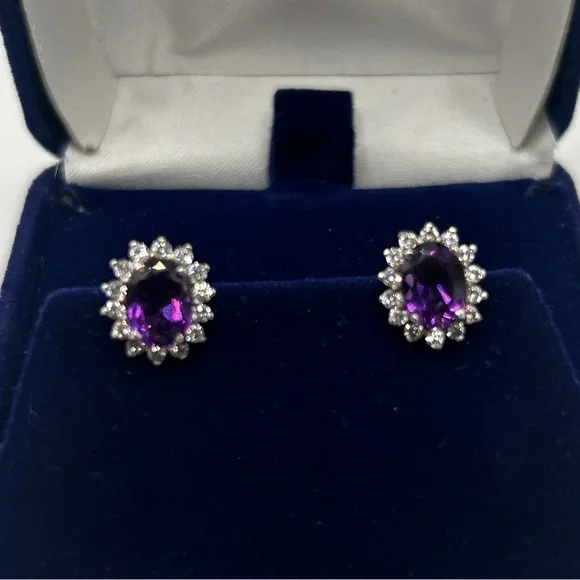 Vintage 925 Sterling Amethyst Gemstone and Cubic Zirconia Oval Screw On Earrings - Picture 3 of 7